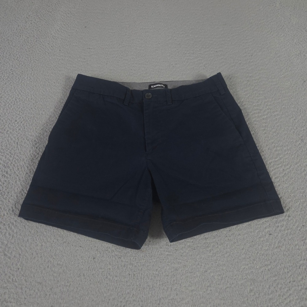 Express Shorts Mens 30 Navy Blue Cotton Blend Stretch 6" Chino Flat Front Travel